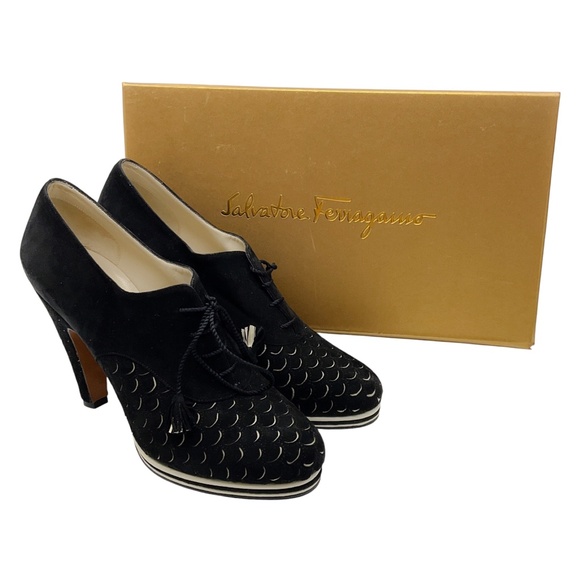 SALVATORE FERRAGAMO BLACK LIMITED EDITION ARCHIVES SIRENA 1938 SUEDE HEELED SHOE - Picture 11 of 12